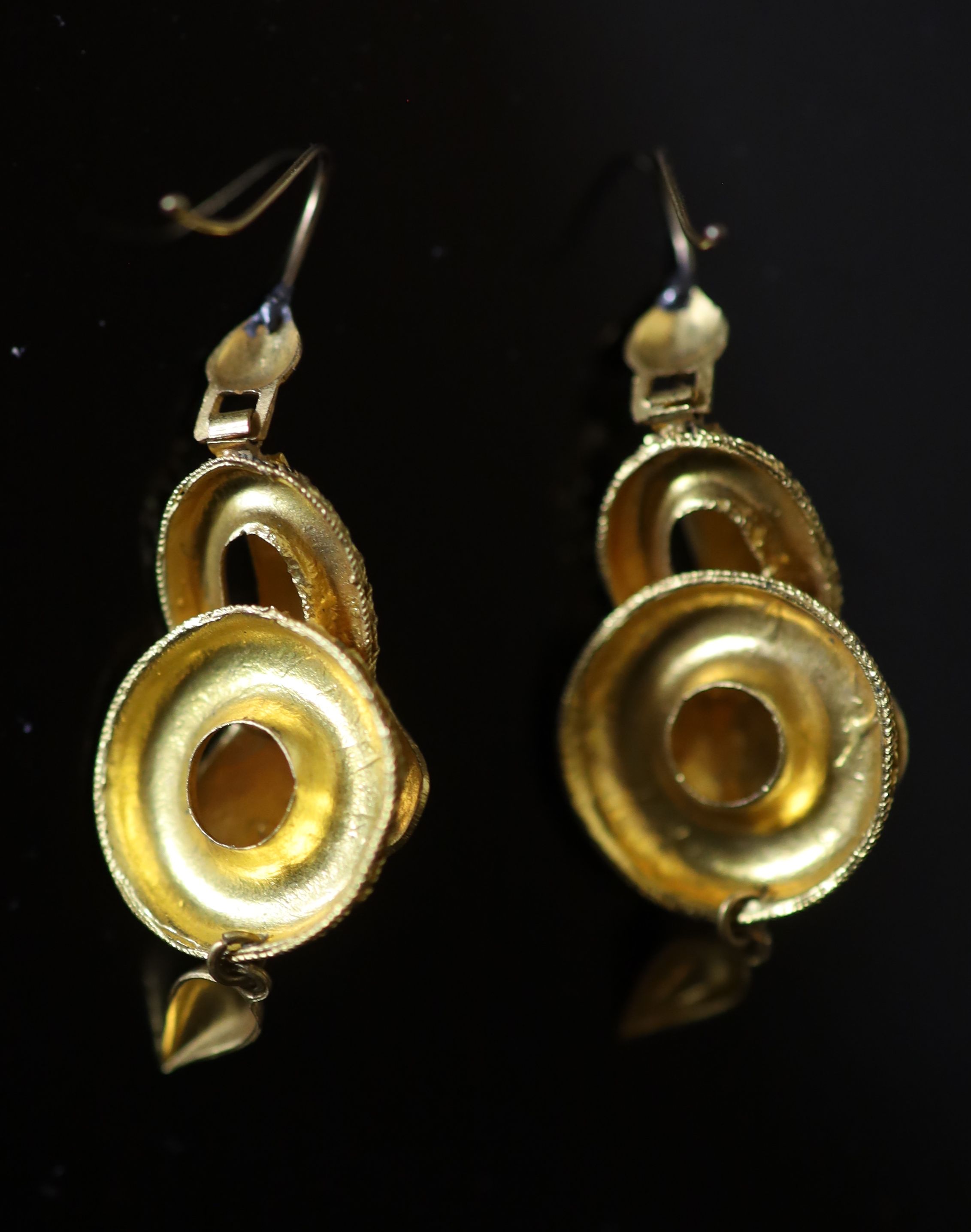 A pair of Victorian gold and pink stone set double gourd shaped drop earrings,